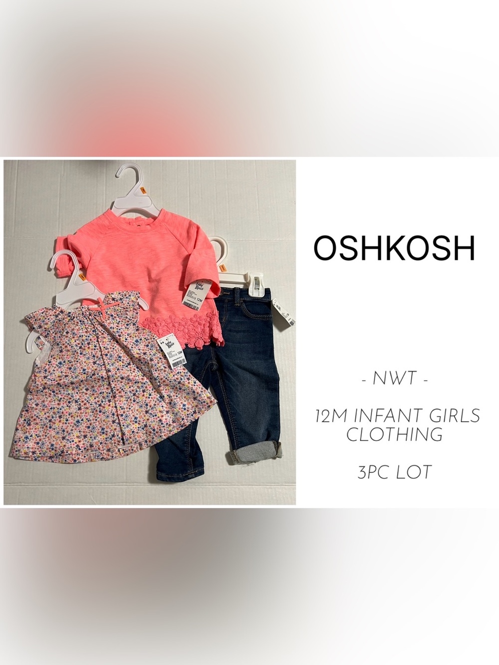 OSHKOSH - 12M - NWT - INFANT GIRLS 3PC FLORAL SHIRTS AND DENIM OUTFIT LOT